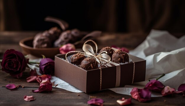 Trufas de chocolate gourmet en caja de madera rústica generada por IA