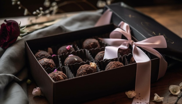 Foto gratuita trufas de chocolate indulgentes envueltas en papel ornamentado generado por ia