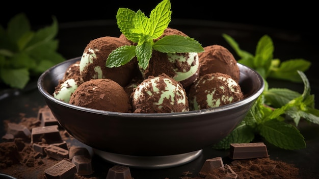 Foto gratuita trufas de chocolate y menta en un cuenco contra un fondo oscuro