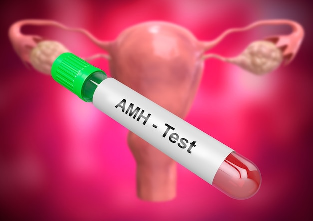Tubo de muestra de sangre para la prueba de la hormona anti-mãƒâƒã‚â¼llerian o amh, evalãºe la funciã³n ovárica y la fertilidad en la mujer. representación 3d