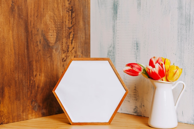 Foto gratuito tulipanes cerca del marco hexagonal