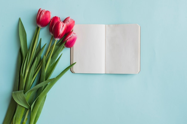 Tulipanes y cuaderno en blanco para el día de la madre