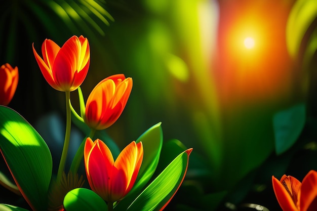 Tulipanes rojos al sol con una hoja verde al fondo