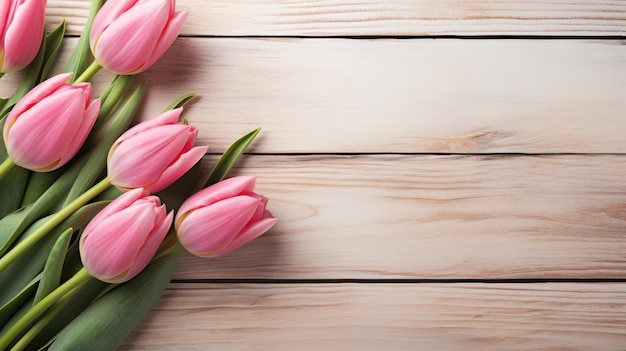 Foto gratuita tulipanes rosados sobre un fondo de madera rústica blanca