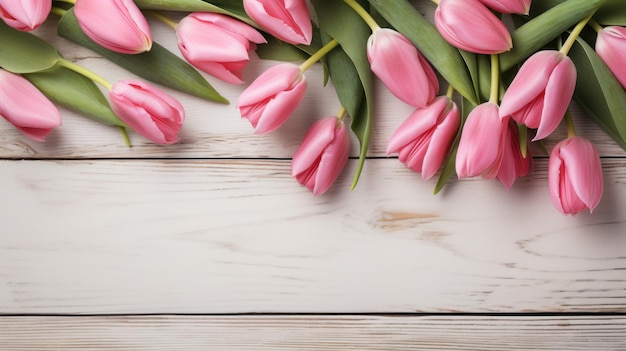 Foto gratuita tulipanes rosados sobre un fondo de madera rústica blanca