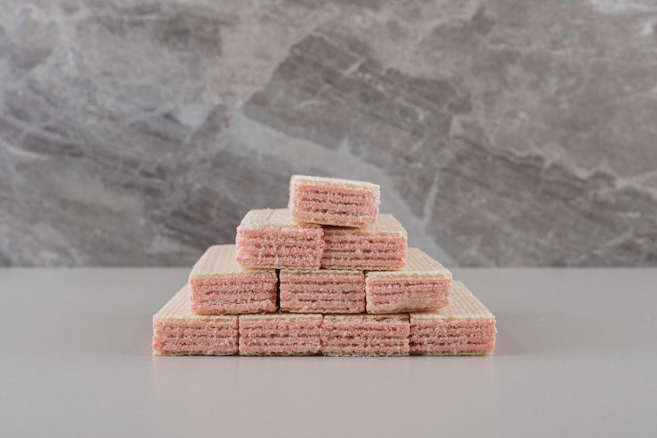 Photo Gratis tumpukan wafer dengan isian krim stroberi dengan latar belakang marmer.