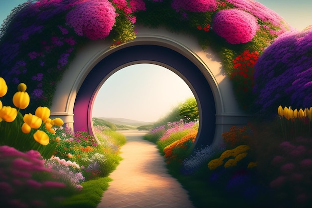 Un túnel con un jardín de flores al fondo.