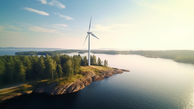 Foto gratuita una turbina eólica en la orilla de un lago