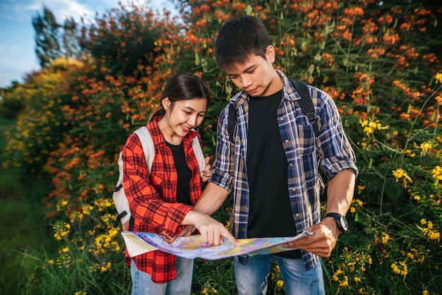 Los turistas hombres y mujeres miran el mapa cerca de los jardines de flores.