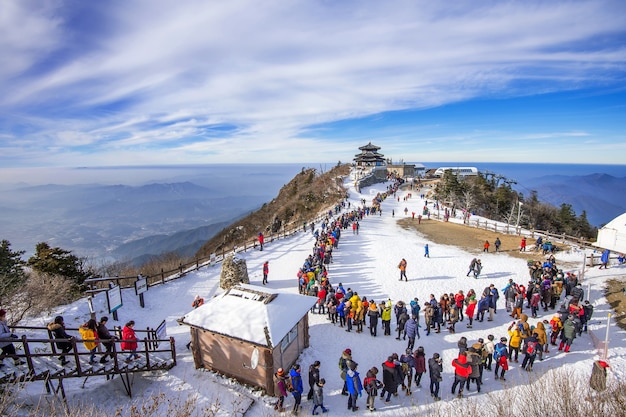 Turistas tomando fotos del hermoso paisaje y esquiando alrededor de Deogyusan,