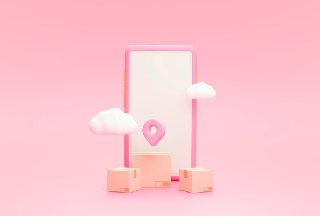 Ubicación de marca de puntero de teléfono inteligente y pin y caja de paquetes Concepto de logística de transporte de entrega en línea sobre fondo rosa Ilustración de representación 3d