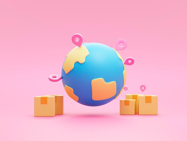 Ubicación del pin del puntero en el mundo global de la tierra con el concepto de logística de transporte de cajas de cartón en el icono de fondo rosa o representación 3D del símbolo