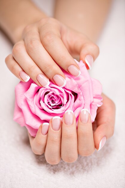 Uñas de mujer hermosa con hermosa manicura francesa y rosa rosa