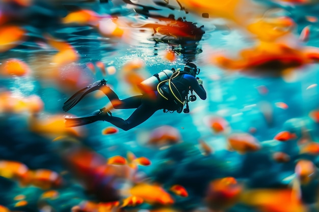 Foto gratuita underwater portrait of scuba diver exploring the sea world