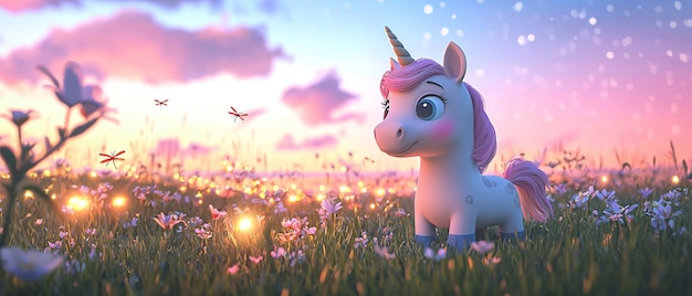 Unicornio de dibujos animados en 3D