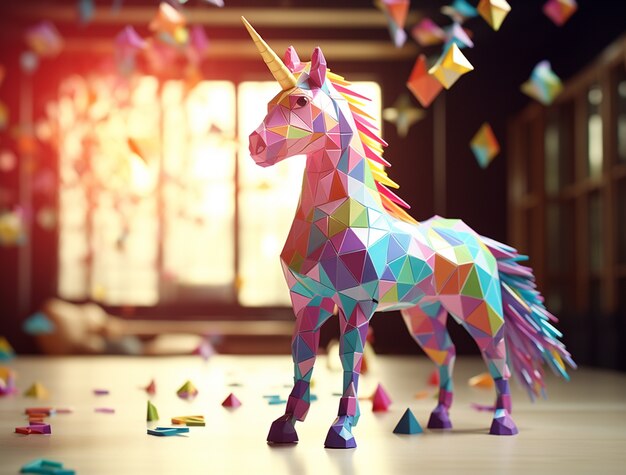 Unicornio mítico 3d con estilo poli.