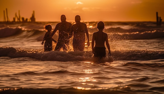 Foto gratuita unión familiar en la playa al atardecer generada por ia