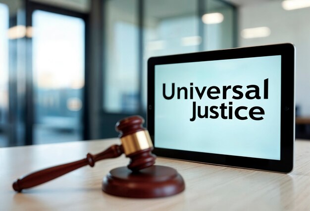 Universal justice concept on a tablet with gavel
