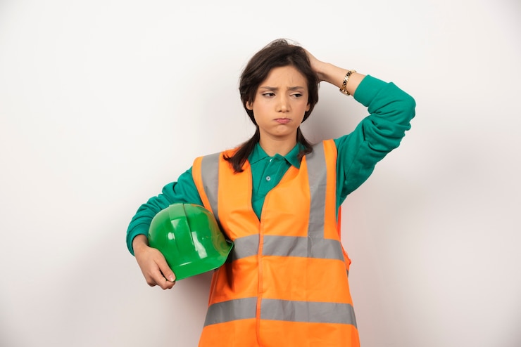 Photo Gratis upset female engineer scratching her head and holding a helmet on white background