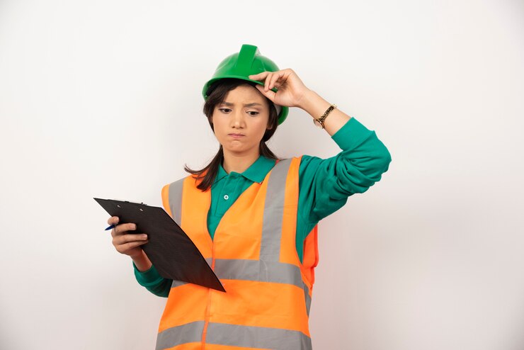 Photo Gratis upset female industrial engineer in uniform with clipboard on white background.
