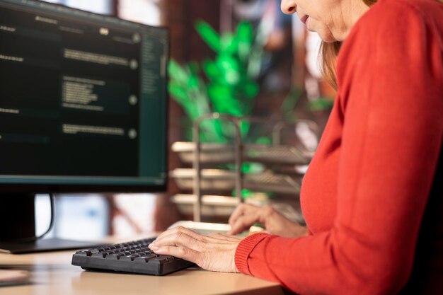 usuario de PC interactuando con un sistema de chat de IA en su computadora en la oficina de casa