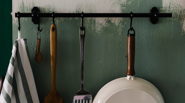 Foto gratuita utensilios de cocina colgados en la pared.