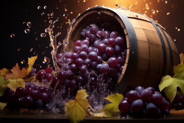 Uvas en un barril de vino haciendo estandartes de cerca