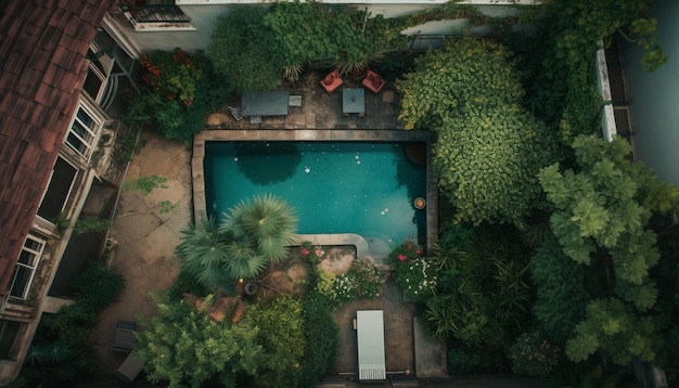 Vacaciones de lujo en arquitectura moderna con naturaleza verde generada por IA