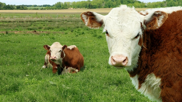 Vacas lindas marrones en la hierba en el campo