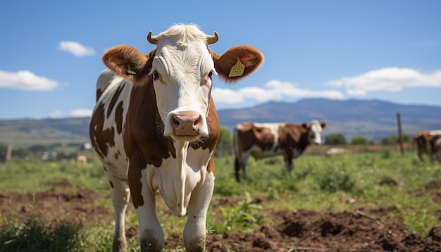 Vacas pastando en un prado verde una pintoresca escena rural generada por inteligencia artificial