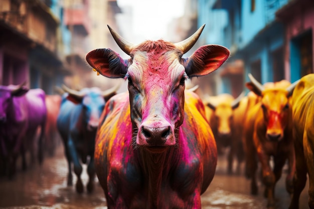 Foto gratuita las vacas sagradas de la india caminan por la calle y la gente lanza pintura de colores en las vacas para celebrar