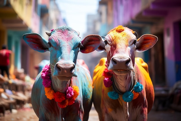 Foto gratuita las vacas sagradas de la india caminan por la calle pintando coloridas en las vacas para celebrar el festival