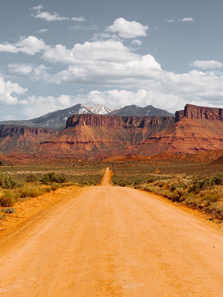 Foto gratuito vacío camino de tierra en medio de arbustos secos hacia el desierto