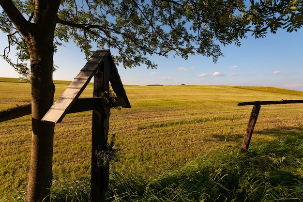 Valla de madera sobre un campo de hierba seca bajo un cielo azul en Eifel, Alemania