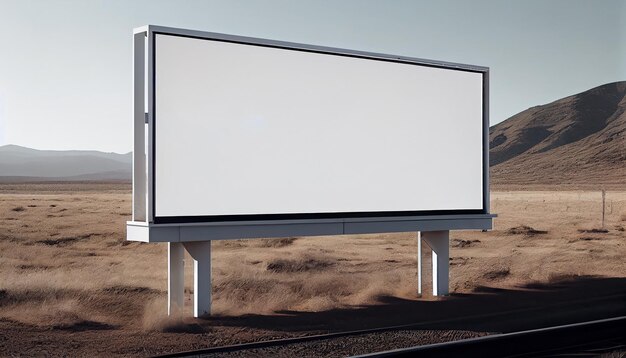 Una valla publicitaria muestra un fondo de cielo azul con un paisaje montañoso vacío generado por IA