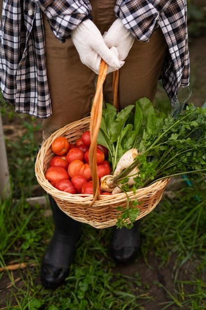 valor en cartera de mujer, cesta de verduras, alto ángulo