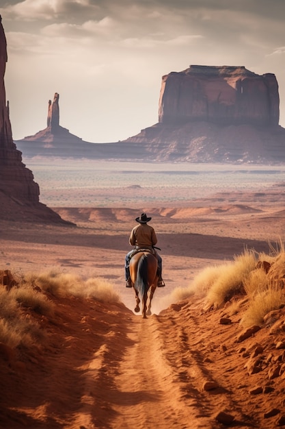 vaquero, yendo, en, viejo oeste, pueblo