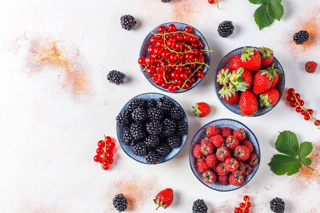 Varias bayas frescas de verano, arándanos, grosellas rojas, fresas, moras, vista superior.