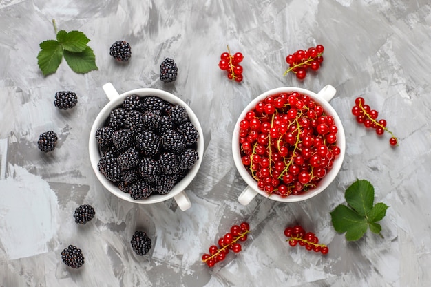 Varias bayas frescas de verano, arándanos, grosellas rojas, fresas, moras, vista superior.