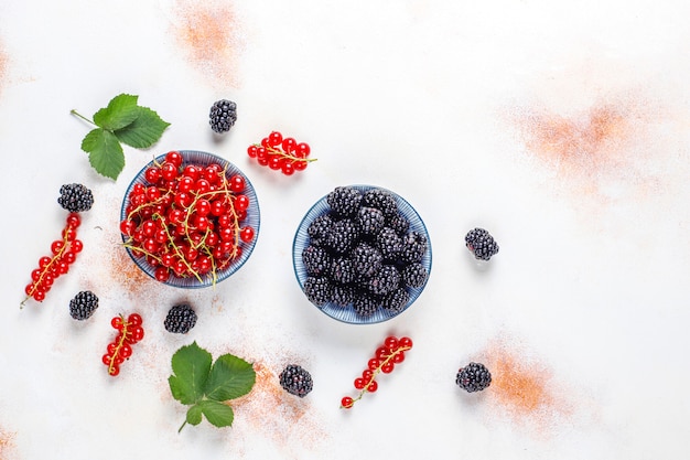 Varias bayas frescas de verano, grosella roja, moras, vista superior.