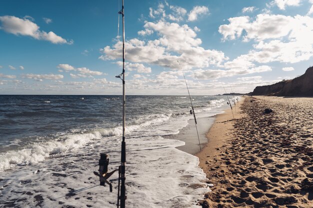 Varias cañas de pescar en una fila en la playa