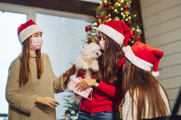 Varias niñas juegan con un perro pequeño en la víspera de Año Nuevo en casa