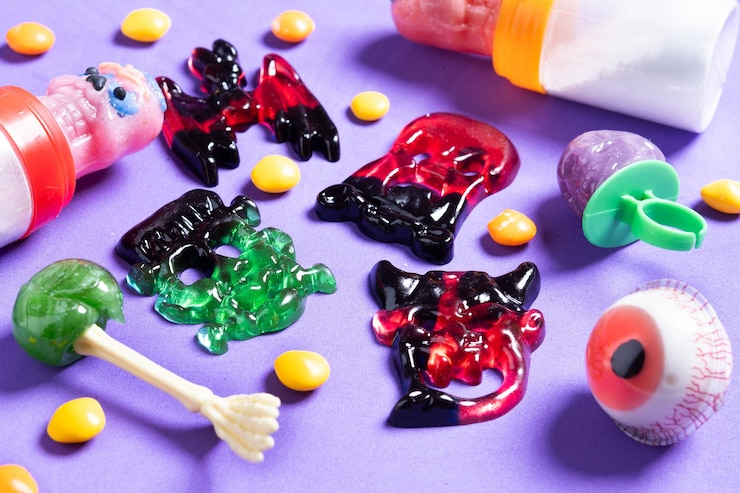 Foto gratuito una variedad de dulces de halloween en un fondo colorido