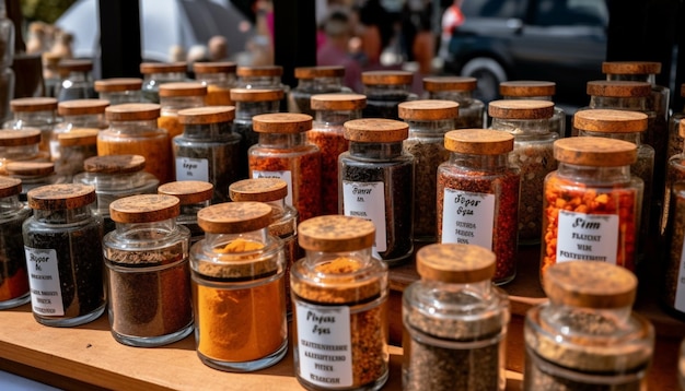 Variedad de frascos de medicamentos antiguos en un estante generado por IA