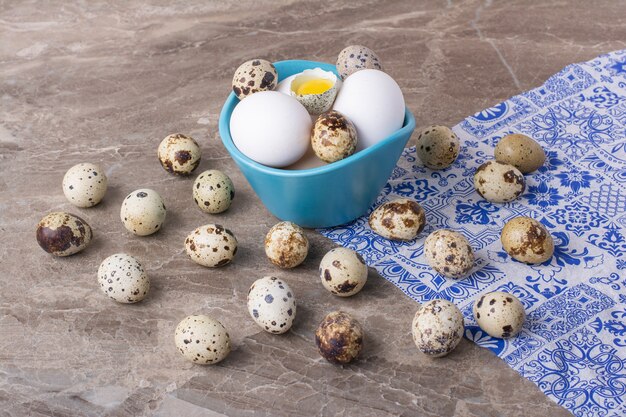 Variedad de huevos en una taza sobre superficie gris