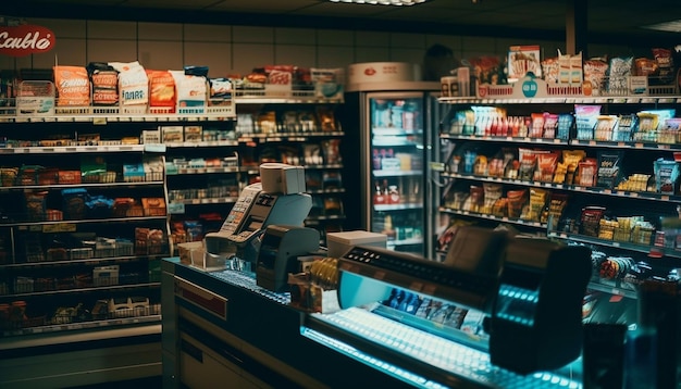 Foto gratuita variedad de mercancías en los estantes de las tiendas de los supermercados generadas por ia