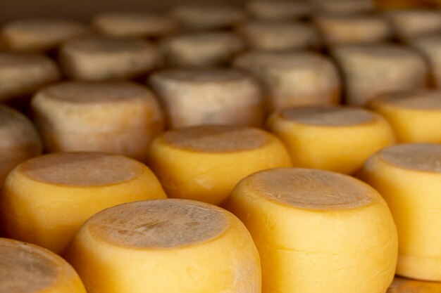 Variedad de ruedas de queso rústico.