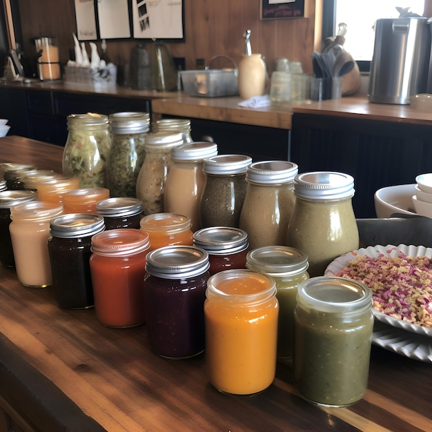 Foto gratuita variedad de salsas en frascos de vidrio en una mesa de madera en un restaurante