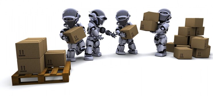 Foto gratuito varios robots con cajas de envío