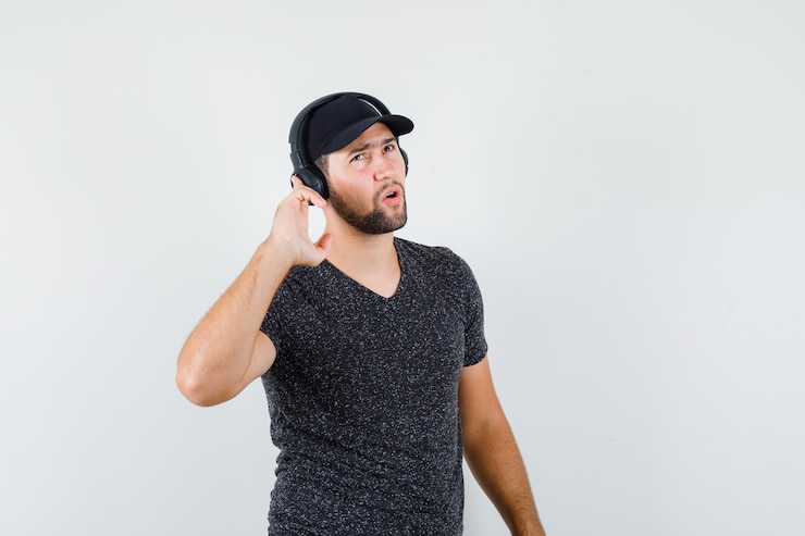 Foto gratuito varón joven en camiseta y gorra escuchando música con auriculares y mirando pensativo